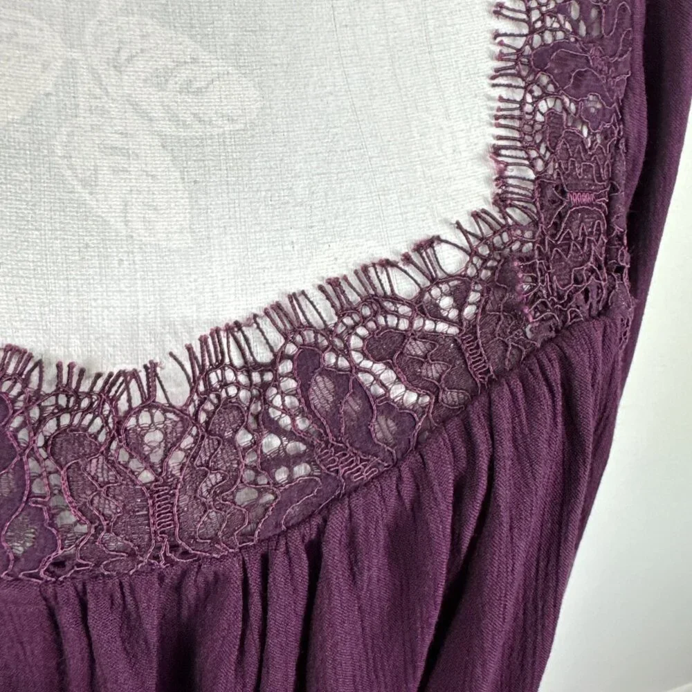 Free People Women M Oversized Square‎ Neck Lace Crepe Blouse Purple NWOT